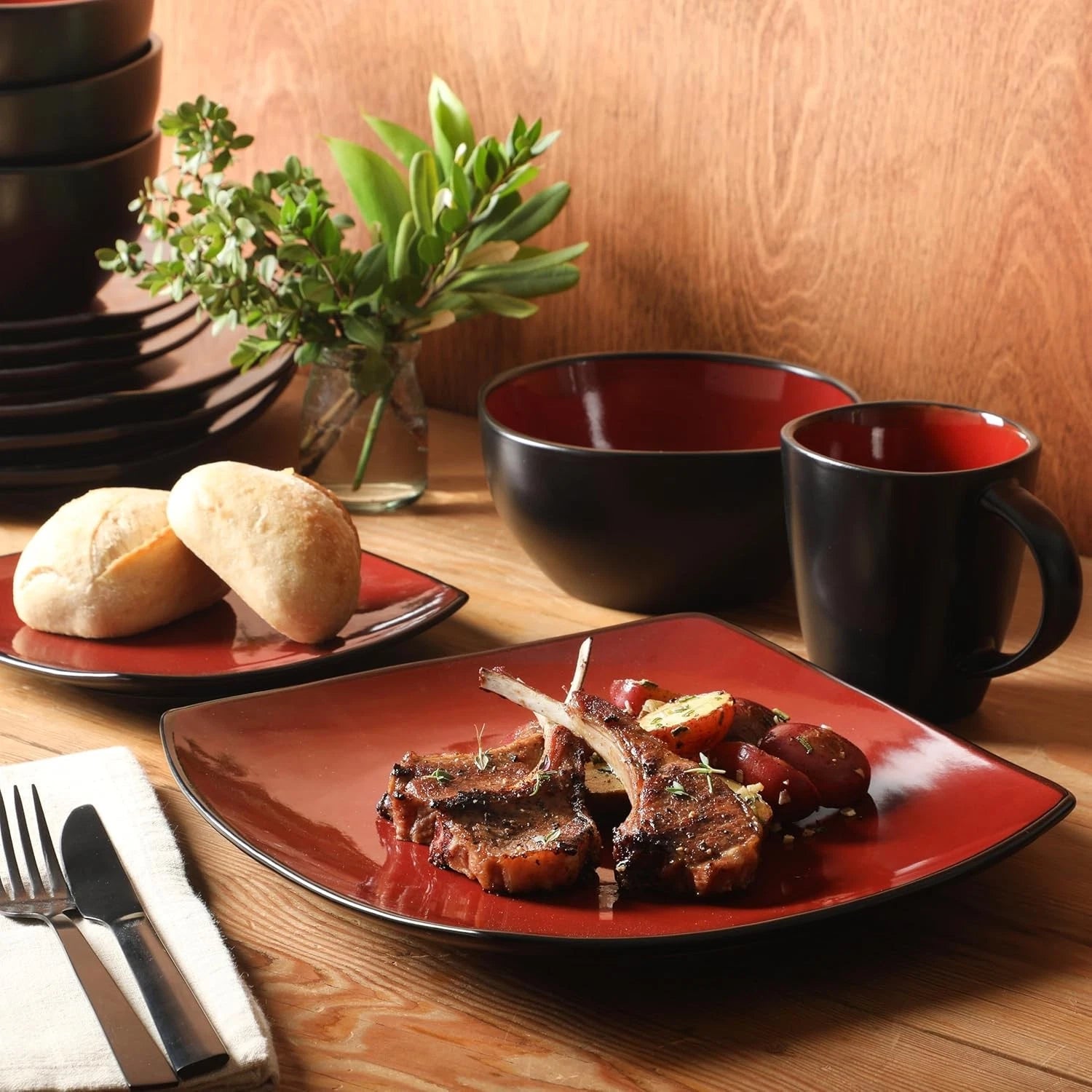Soho Lounge Square Reactive Glaze Dinnerware Set,RedService for 4