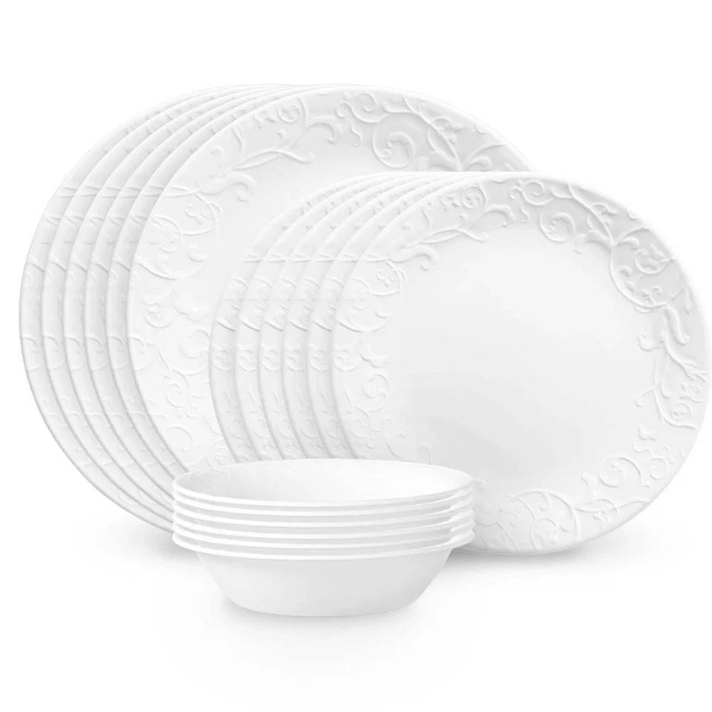 18pc Vitrelle Embossed Bella Faenza Dinnerware Set White: Floral